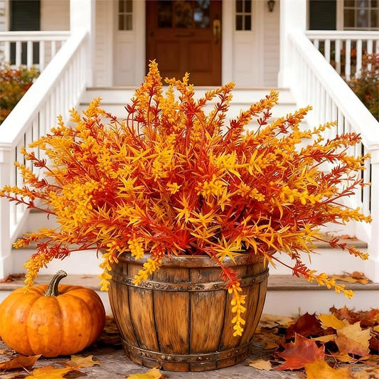 Geegoods 16 Bundles Artificial Fall Flowers Outdoor – Faux Lavender Flowers with Monkey Grass UV Resistant Plastic Faux Plants for Halloween Front Door Porch Patio Yard Balcony Decor, Orange Color