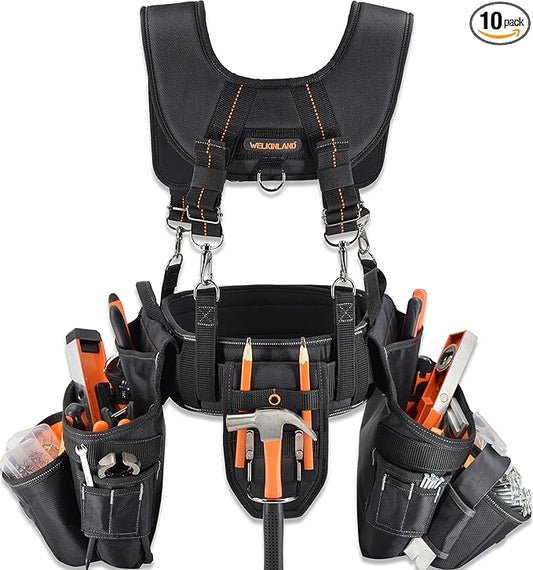 WELKINLAND 39Pockets Tool Belts for Men with Suspenders, 4" Padded Toolbelt, Tool Belt with Suspenders, Black W/Orange, One Size (38"-48")