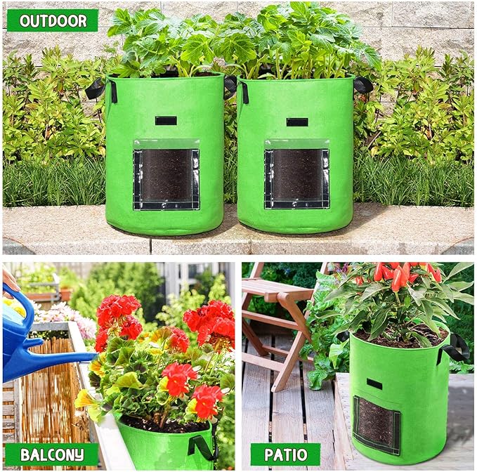 10 Gallon Potato Grow Bags, 6 Pack, Two-Sided Transparent Window Garden Planting Bag with Durable Handle, Thickened Nonwoven Fabric Pots Vegetable Grow Bags for Tomato, Carrot, Onion, Fruits, Flower