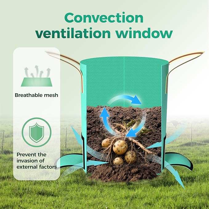 4 Pack 10 Gallon Potato Grow Bags, PE Garden Planter Bag with Breathable Screen Windows and Reinforced Handles for Potatoes, Tomatoes, Carrots and Onions