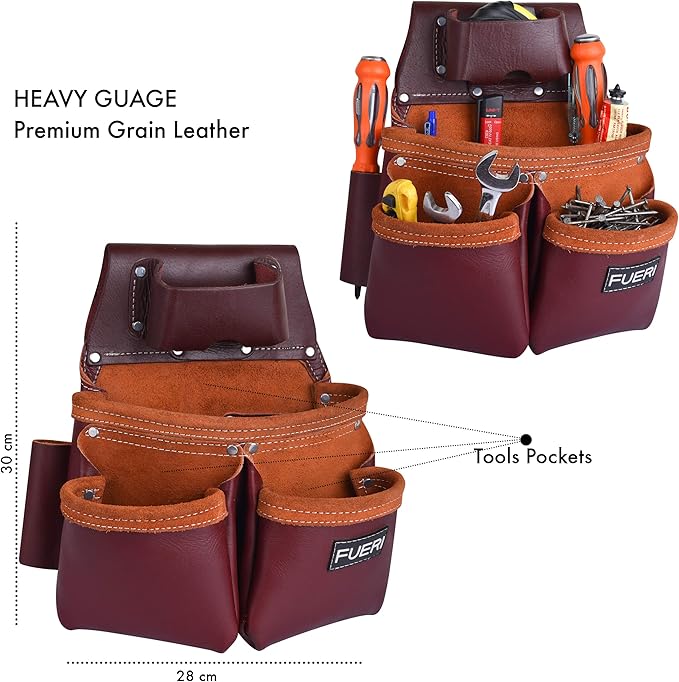 Heavy Duty 19 Pocket Leather Tool Belt Multipurpose Pockets Work Organizer Pouch Framing Fat Lip Tool Holder for Carpenter, Construction, Handyman, and Electrician Tool Belt Set