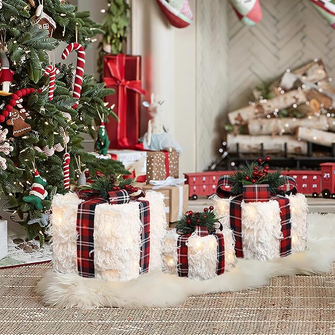 LuxenHome Set of 3 Lighted Gift Boxes, Battery Operated White Feathery Fabric with Red Ribbon Bow Boxes for Xmas, Lawn, Porch, Under Tree Indoor, Outdoor Christmas Decorations