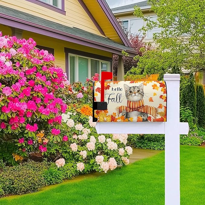 Hello Fall Mailbox Cover Cat Mail Box Covers Magnetic Standard Size 21x18 inch Maple Leaf Mailbox Wrap for Outside Garden Yard