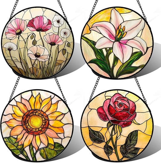 Stained Glass Window Hanging 4 Pcs Set Lily Rose Sunflower Poppy Large 11.8" - Flower Suncatcher Door Garden Sun Catcher Decor Birthday Mother's Day for Wife Woman Nana Girl