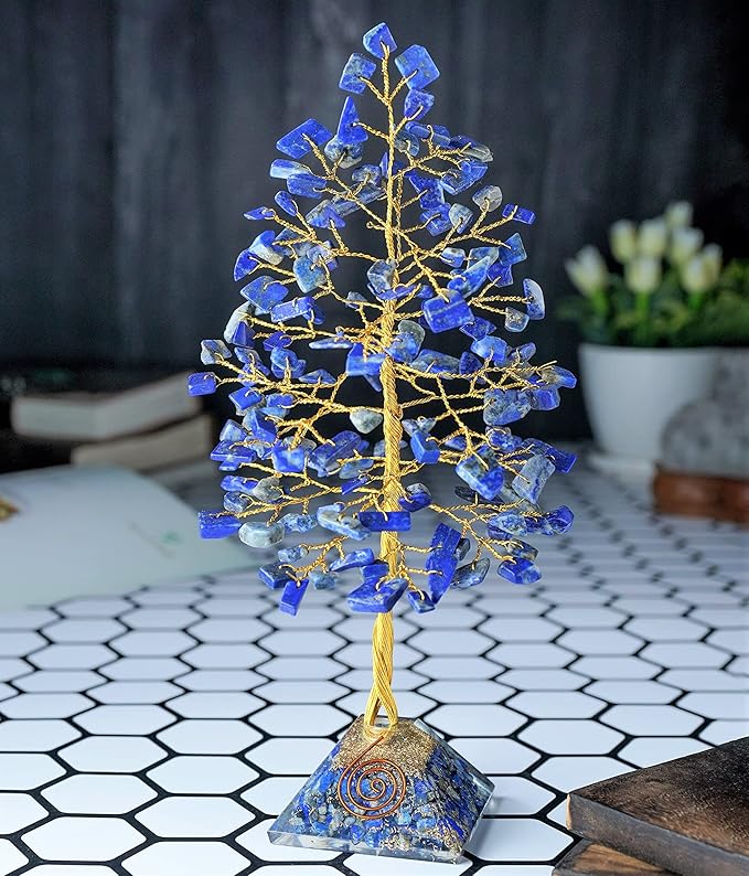 Lapis Lazuli Crystal Tree with Orgone Pyramid Base Blue Desk Decor Healing Crystals Bonsai Tree Blue Gifts for Women Office & Shelf Home Room Decor For Mom Sister Girlfriend Present Housewarming