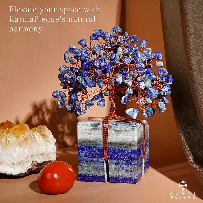Crystal Tree for Birthday Gifts for Women, Handmade Raw Crystal Base Lapis Lazuli Chakra Healing Crystal Tree of Life for Positive Energy, Money, Good Luck, Christmas Décor, Home and Office Decor