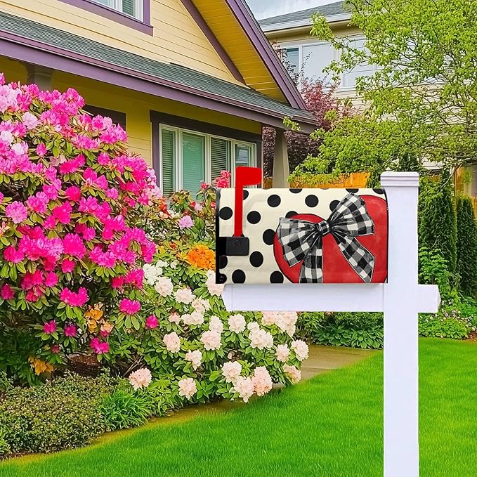Valentines Mailbox Covers Magnetic Red Love Heart Mailbox Cover Standard Size 21x18 inch Polka Dot Bowknot Buffalo Plaid Decorative Mailboxes for Outside Garden Yard
