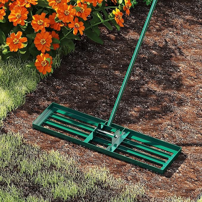 36" x 10" Lawn Leveling Rake, Heavy Duty Landscape Rake with 67" Handle, Non-Slip Grip & Flat Head, Space-Saving Lawn Level Tool for Garden, Backyard, Golf Course & Sports Field(Green)