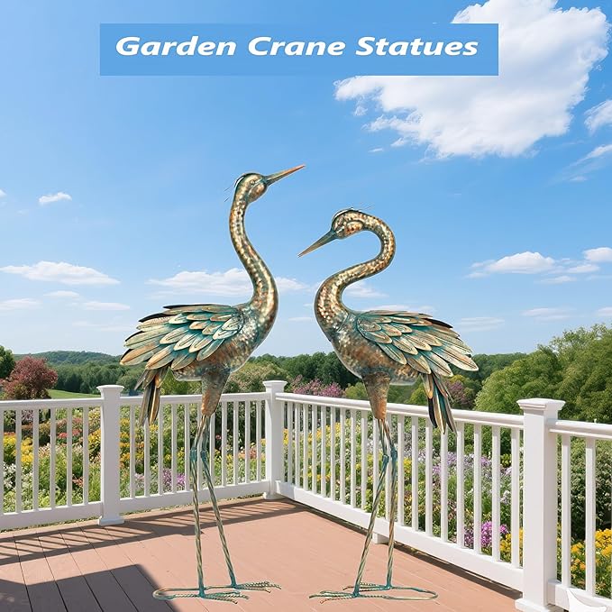 Shorayn Metal Crane Garden Statue, Garden Sculptures & Statues, Bronze Crane Ornaments Yard Art for Backyard Patio Lawn Decorations