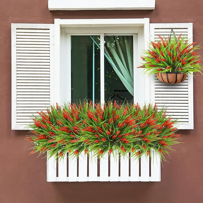 Sggvecsy 24 Bundles Artificial Plants Outdoor Faux Lavender Flowers Fake Monkey Grass UV Resistant Plastic Greenery Plants for Garden Home Porch Window Patio Hanging Planter Indoor Decor (Red)