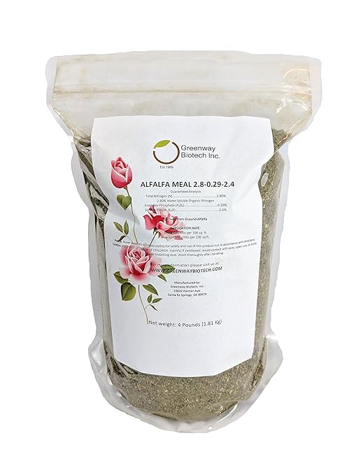 Greenway Biotech, Inc. Alfalfa Meal 2.80-0.29-2.40- Rose, Flower Plant & Vegetables Fertilizer with Essentials Minerals, & Nitrogen- Ideal for Alkaline Plants-4 Pounds
