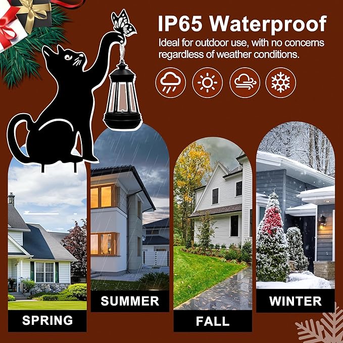 Christmas Black Cat Solar Lights Outdoor - Cat Lover Gifts for Mom Woman Grandma,Garden Stake with Butterfly Decorative Metal Housewarming Ornament for Yard Pathway Lawn Patio