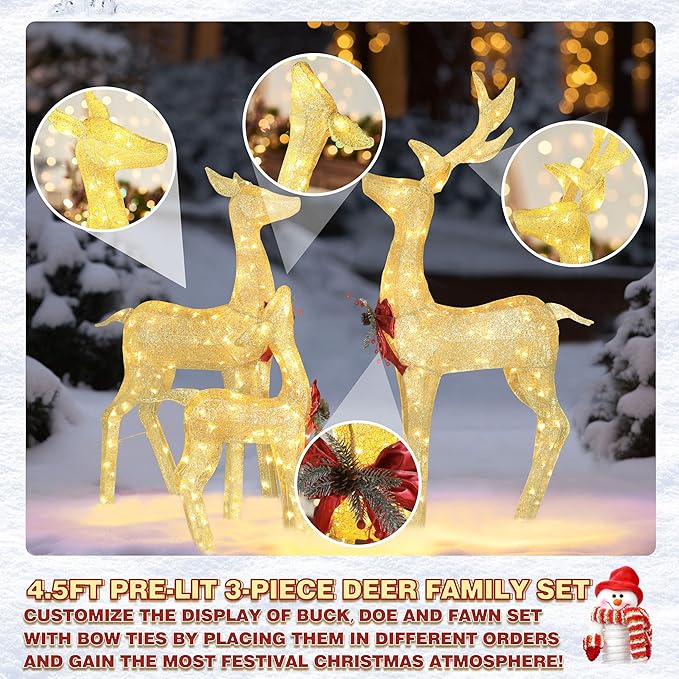 MUPATER Outdoor Christmas Decorations Lighted Deer Family Set Indoor, Christmas Holiday Yard Decor 3-Piece Moose Set for Lawn and Party with Lights, Ground Stakes and Zip Ties, Gold