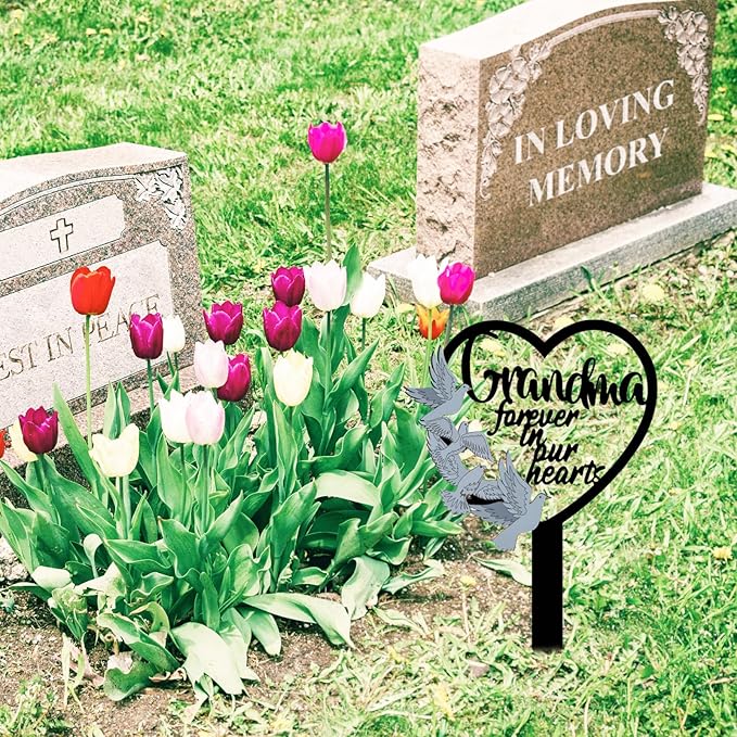 HPMAISON 11 inch Metal Grandma Memorial Stake Grave Decorations for Cemetery Gravesite Sympathy Markers Waterproof Memorial Gifts for Loss of Grandmother Tombstones Plaque Outdoors Lawn Yard Decor