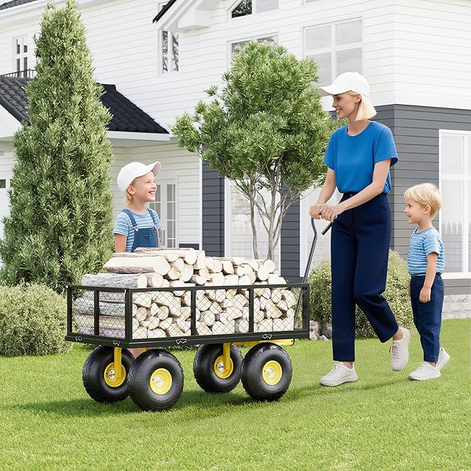 Metal Wagon - 500lbs Garden Cart with 10" Multi-Terrain Tires, 4 Removable Mesh Sides & 180° Swivel Handle, Yard Wagon Cart for Lawn, Yard, Patio Gardening