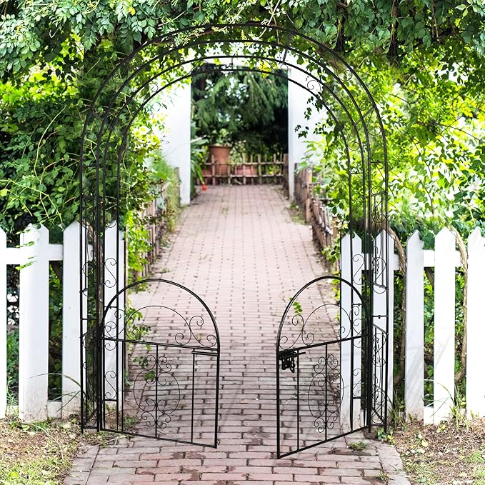 84in High Metal Garden Arbor with Gate, Heavy Duty Wide Garden Arch, Metal Arch Trellis with Gate for Climbing Plant, Wedding, Outdoor Patio Décor, Black(84"x52.4"x19")