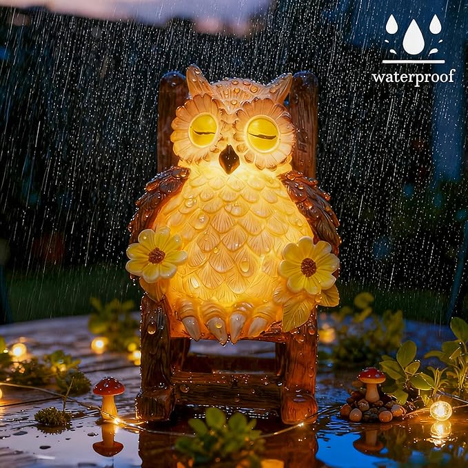 Light Up Owl on Chair Garden Sculpture, LED Solar Powered Owl Lying on The Chair Centerpiece, Cute Figurine Statue for Home Fireplace Outdoor Collection Decoration, 6x4.5x3.3 in