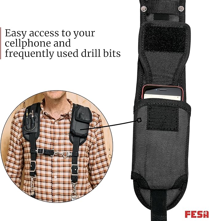 FESA Leather Tool Belt Suspenders for Men with Breathable Mesh Padding, Front Pockets & 4 Loops for Attachment to Work Belts