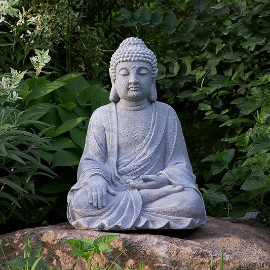 TOETOL Large Buddha Statue Outdoor Zen Decor Medium 20” High Yard Decor Magnesium Oxide Stone Grey for Yard Garden Patio Deck Home