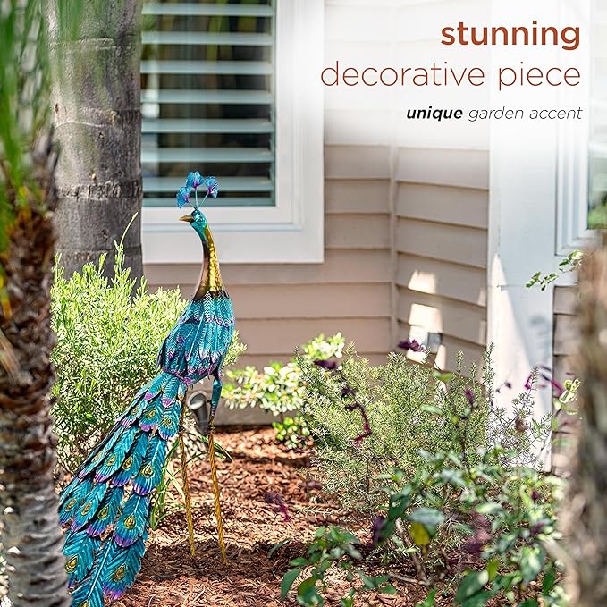 Alpine Corporation JUM207 Indoor Outdoor Metallic Peacock Standing Yard Statue Decoration, 37" Tall, Multicolor