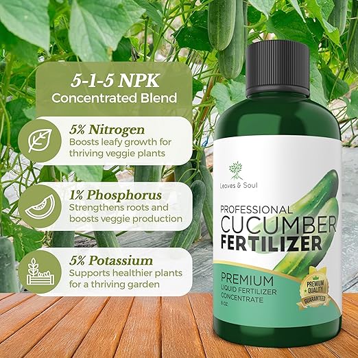 LEAVES AND SOUL Professional Liquid Cucumber Fertilizer | 5-1-5 Concentrate, Liquid Plant Fertilizer for Garden, Healthy Produce, Good Harvest, Multi-Purpose Blend & Gardening Supplies | 8 oz