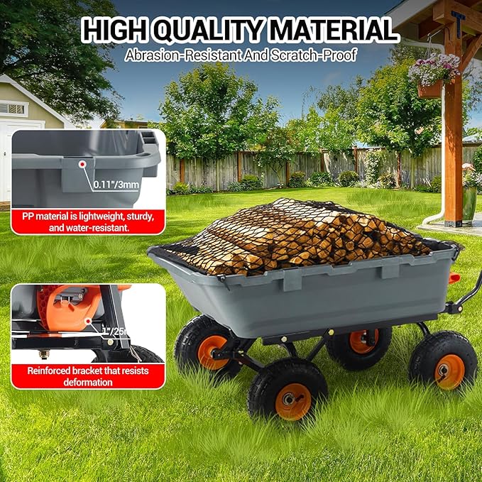 Garvee 800 LBS Poly Garden Dump Cart, Heavy-Duty Wheelbarrow with 10 in Tires, 180° Rotating Handle, Steel Frame and Quick Release System Garden Dump Cart for Soil Plants Gardening Tools Wood