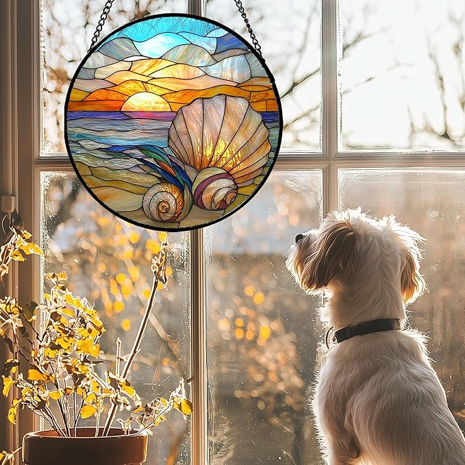 Stained Glass Window Hanging - Colorful Beach Shells Conch Sun Catcher for Door Home Decor Ocean Suncatcher Christmas Mother's Day Birthday Sea Lover Gifts for Women Men Mom Nana 9.8 in
