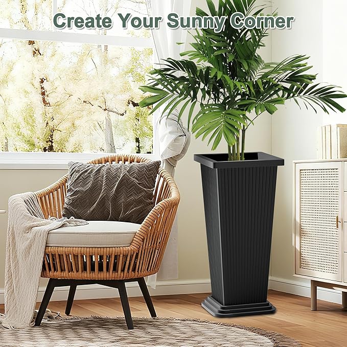 Tall Planters Set of 2, Large Indoor Outdoor Flower Pots with Tray Modern Tapered Planter for Patio, Garden, Porch, Backyard (Black Ribbed)