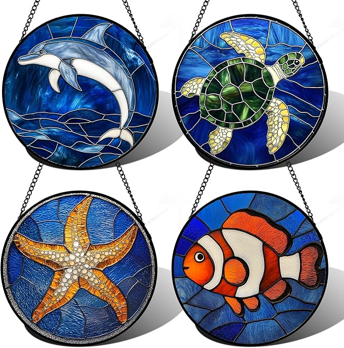 Stained Glass Window Hanging 4 Pcs Set Blue Ocean Turtle Dolphin Large 11.8" - Marine Life Suncatcher Garden Sun Catcher Decor Birthday Mother's Day for Mom Woman Nana Men