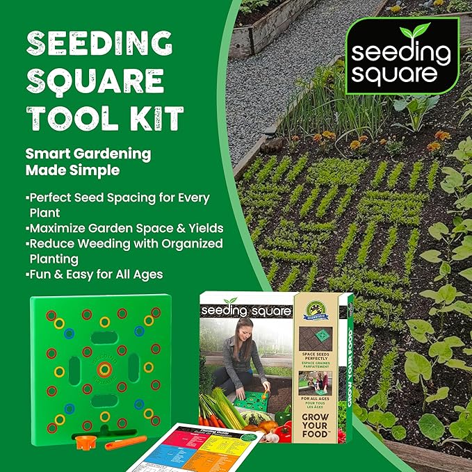 Seeding Square - Patented Seed and Seedling Spacer Tool for Bigger Harvests, Organized Plants & Fewer Weeds – Color-Coded Gardening Template with Magnetic Dibber, Ruler & Planting Guide
