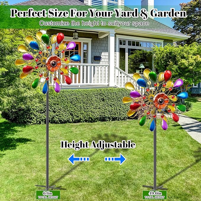 64 inch Garden Wind Spinner, Outdoor Wind Sculpture with 5 Prong Base Stand, Metal Windmill for Lawn Yard Outdoor Art Decorations (B-Colorful)
