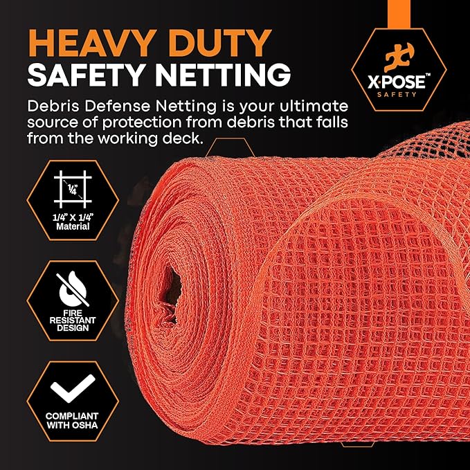 Xpose Safety Construction Safety Debris Netting - 150 Ft Temporary Material Roll, 1/4" Mesh Scaffold Net Enclosure, Visibility Barrier, Fencing Roll, Heavy Duty Fire Retardant 5.5 ft x 150 ft, Orange