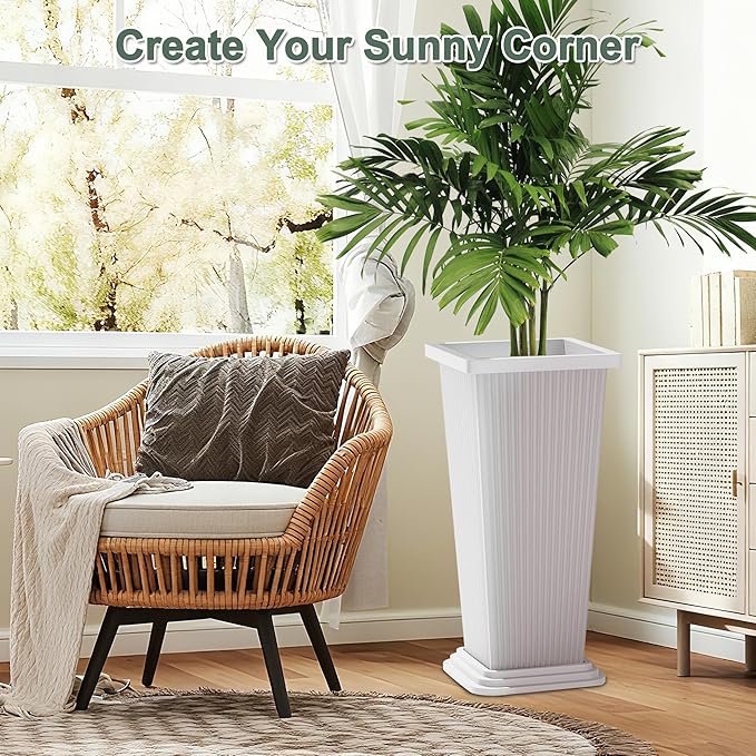 Tall Planters Set of 2, Large Indoor Outdoor Flower Pots with Tray Modern Tapered Planter for Patio, Garden, Porch, Backyard (White Ribbed 24")
