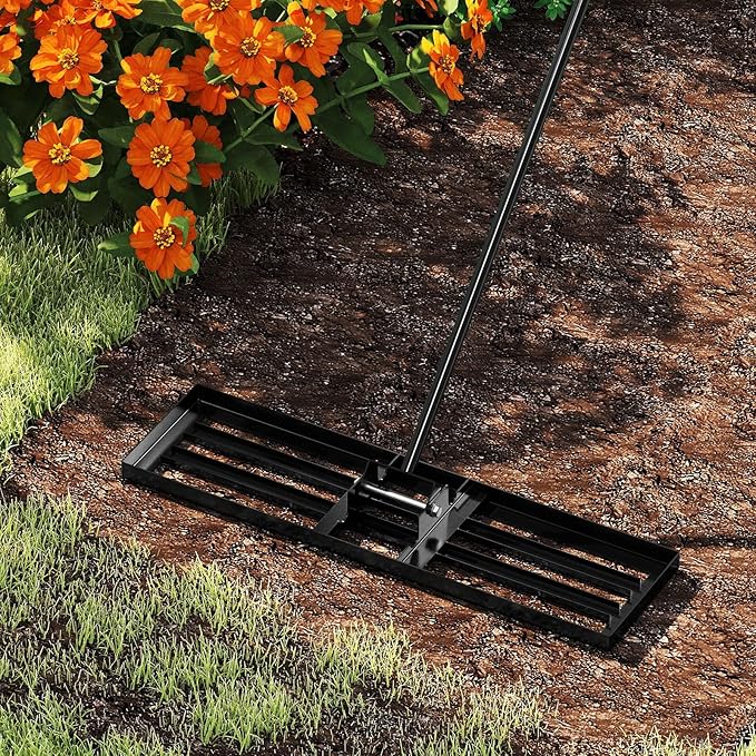 36" x 10" Lawn Leveling Rake, Heavy Duty Landscape Rake with 67" Handle, Non-Slip Grip & Flat Head, Space-Saving Lawn Level Tool for Garden, Backyard, Golf Course & Sports Field(Black)