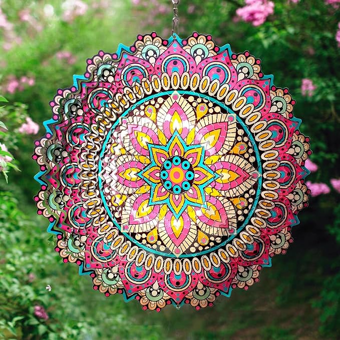 Goolyrusim Wind Spinner Mandala Blossom 3D Kinetic Wind Spinners Outdoor Laser Cut Stainless Steel Metal Art Hanging Wind Sculpture Mandala Garden Decoration Yard Art Decor Ornament Housewarming GIF