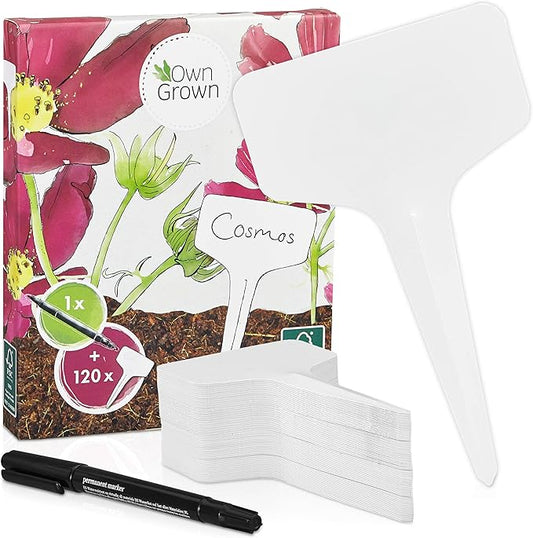 OwnGrown Plant Markers: 120 Plastic Plant Name Tags and Weatherproof Marker Pen – Plant Labels Wooden – Seedling Labels – Gardening Name Tags