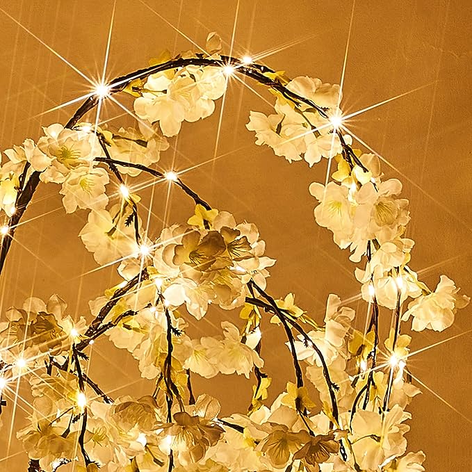 Fudios Lighted White Cherry Blossom Tree 40 LED 18IN Japanese Room Decor,Artificial Flower Tree with Lights Battery USB Plug for Wedding Party Summer Mantle Decoration