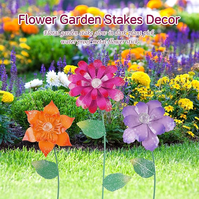 Floral Garden Stake Glow in Dark Plant Pick Water Proof Metal Flower Stick for Outdoor Garden Decor, Set of 3