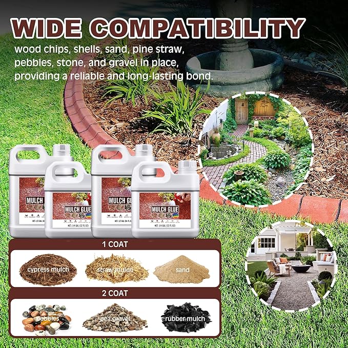Mulch Glue - 64oz / 0.5 Gallon Landscape Adhesive Gravel Binder Glue with Applicator for Landscaping Concentrate Covers, Garden - Ready to Use Non Toxic Mulch Stabilizer for Pea Gravel, Stones, Bark