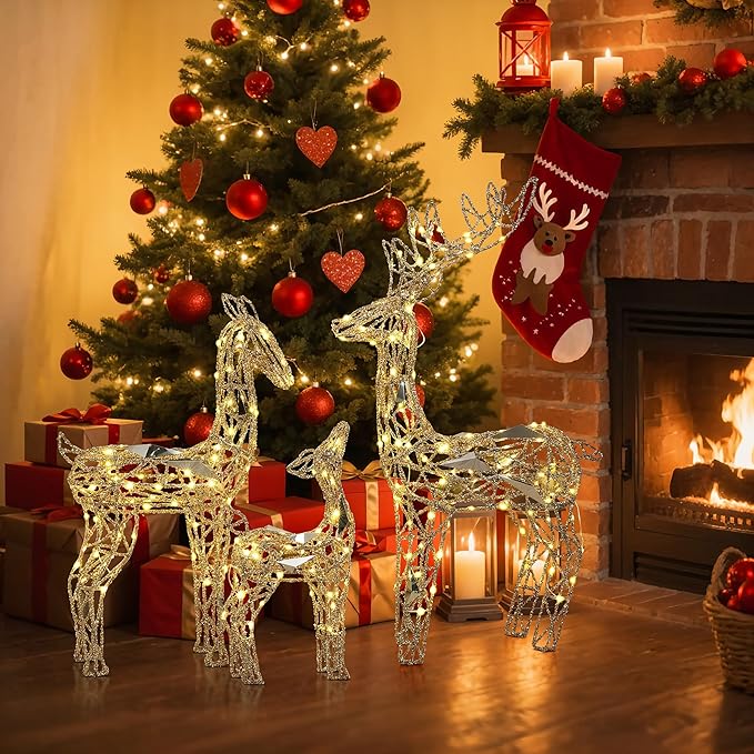 LuxenHome 3PCs Reindeer Christmas Decoration, Gold Reindeer Family with Glitter, 260 LED Lights, Indoor & Outdoor Lighted Christmas Decorations for Lawn, Front Porch, Xmas Holiday Yard Display