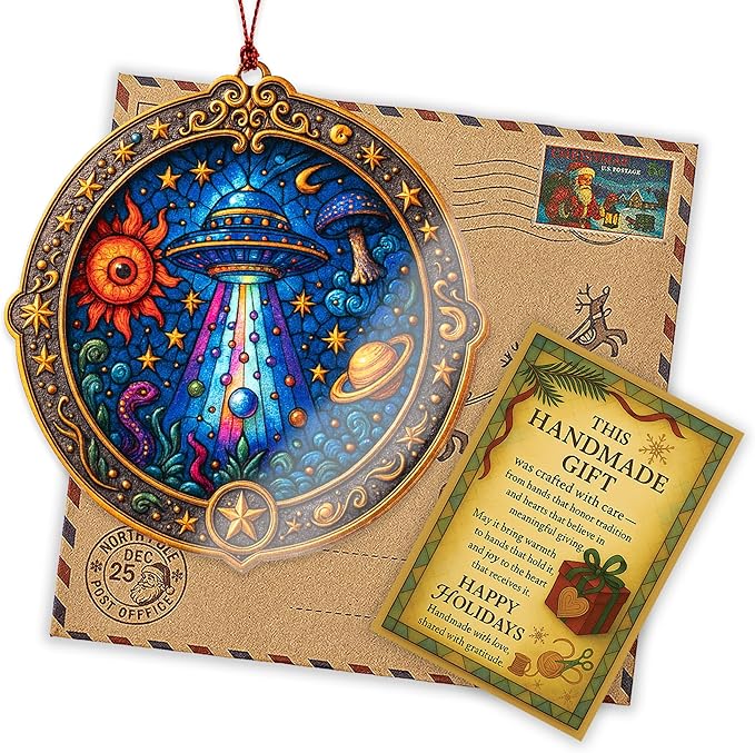 Alien Ornament – UFO Decor | Galaxy Ornament + Sci Fi Keepsake – Space Lover Gift – Alien Christmas Ornament – Suncatcher Effect Stained Glass Window Hanging – Car Hanging Decoration