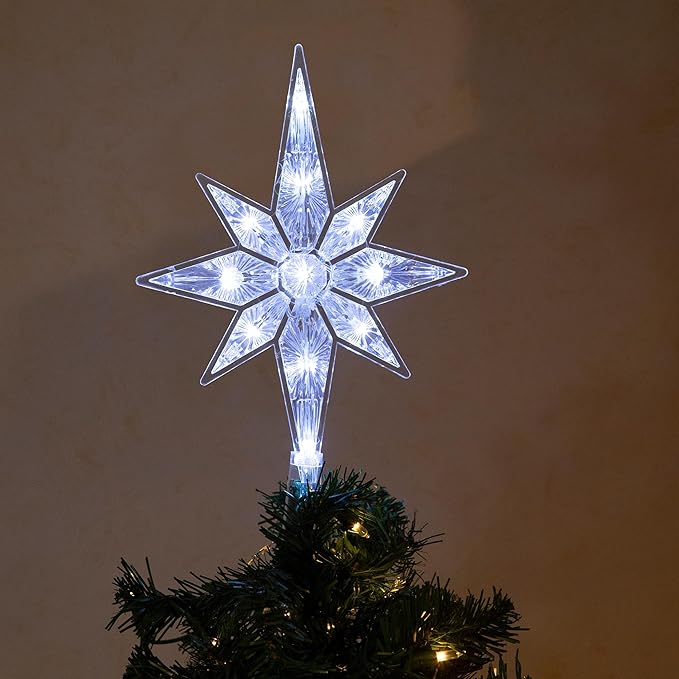 Alpine Corporation 13" H Snowflake 8-Point Tree Toppers with 31 Cool White LED Lights, Christmas Decoration