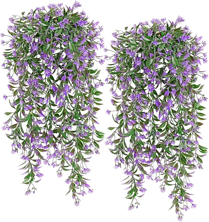 TOCHGREEN 4Pcs Artificial Hanging Plants Fern Vine, Faux Plastic Plants Fake Ivy Vine Greenery Garland with Purple Flower, Outdoor Indoor Decorations for Living Room Balcony Garden Wall Home Decor