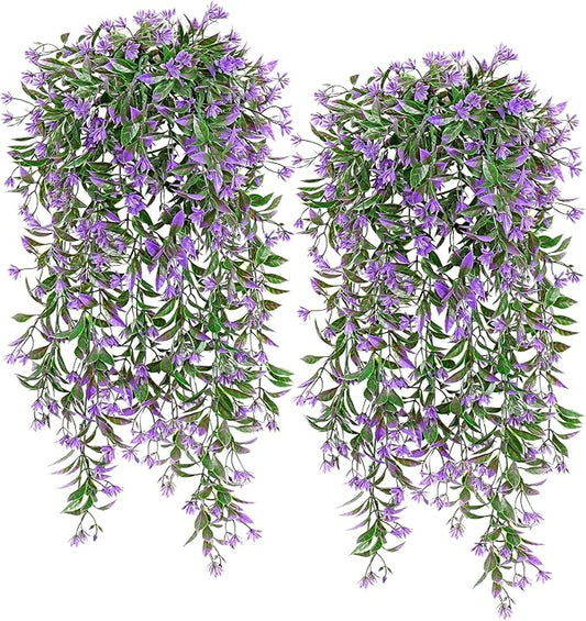 TOCHGREEN 4Pcs Artificial Hanging Plants Fern Vine, Faux Plastic Plants Fake Ivy Vine Greenery Garland with Purple Flower, Outdoor Indoor Decorations for Living Room Balcony Garden Wall Home Decor