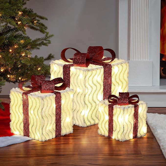 LuxenHome Set of 3 Lighted Gift Boxes, Plug-in Wavy Design with Red Ribbon Bow Boxes for Xmas Holiday Display, Lawn, Porch, Under Tree Indoor, Outdoor Christmas Decoration.