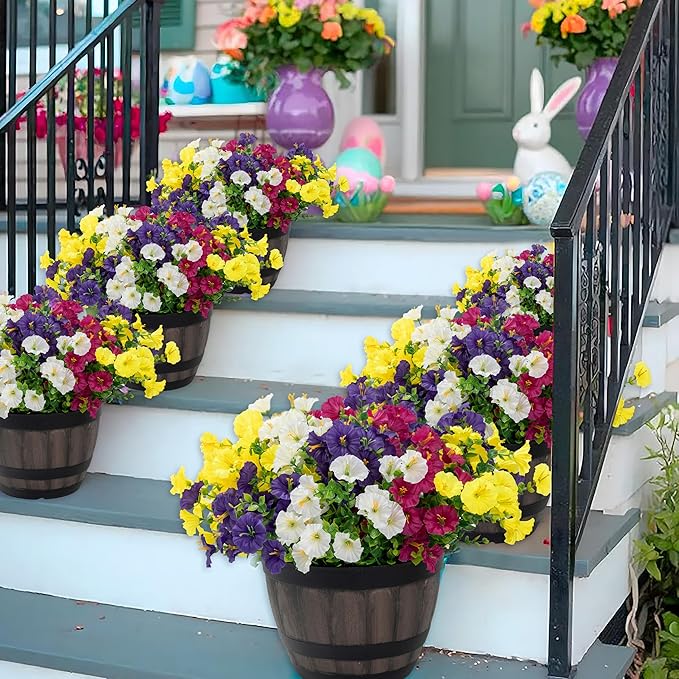 Artificial Flowers for Outdoor Indoor Garden Home Decoration, Faux Flower Daisy with Eucalyptus Leaves Fake Plants Greenery Boxwood Porch Patio, 12 Bundles