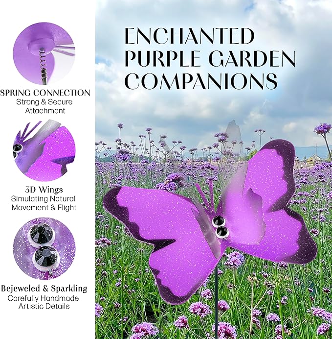 Handmade Purple Butterfly Garden Stakes Set of 7 - Decorative Outdoor & Indoor Plant Decor - Nature Lover Gift Idea by Air Aquarium Kushner