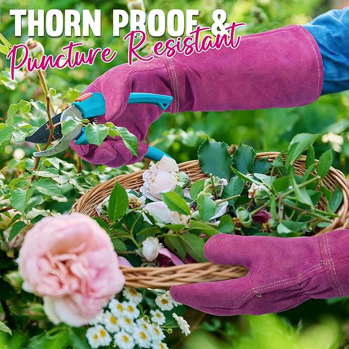 HANDLANDY Ladies Leather Gardening Gloves, Thorn Proof Women Rose Pruning Garden Yard Glove, Heavy Duty Long Sleeve Gloves (Small, Rosy)