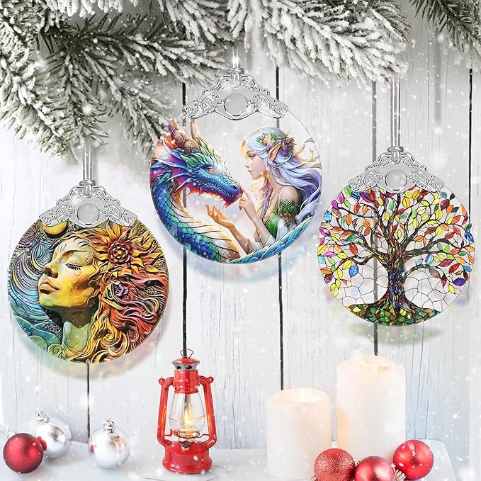 Enchanted Elf & Dragon Christmas Ornament - Stained Glass Hanging Decor - Tree Decoration - Gift for Friends, Sisters