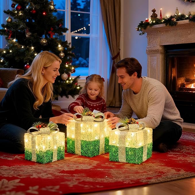 Set of 3 Christmas Lighted Gift Boxes,Outdoor Indoor Christmas Decorations,Plug-in 65 LED Light Up Present Boxes for Christmas Trees Indoor Outdoor Home Yard Lawn Holiday Birthday Party Decor